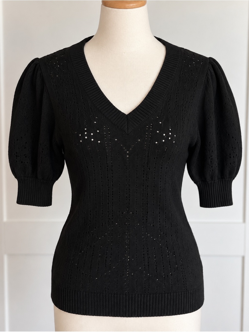 Black V Neck Pointelle Knit Puff Sleeve Sweater Top- L- NWOT